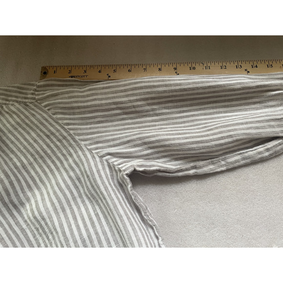 Pure Linen Shirt Women US 8 Brown White Striped Top Long Sleeve Lagenlook Blouse - Picture 7 of 14